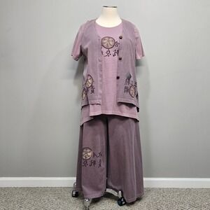 Vintage Focus USA 3 Pc Lagenlook Set Large Cotton Vest Wide Leg Artsy Zen Boho